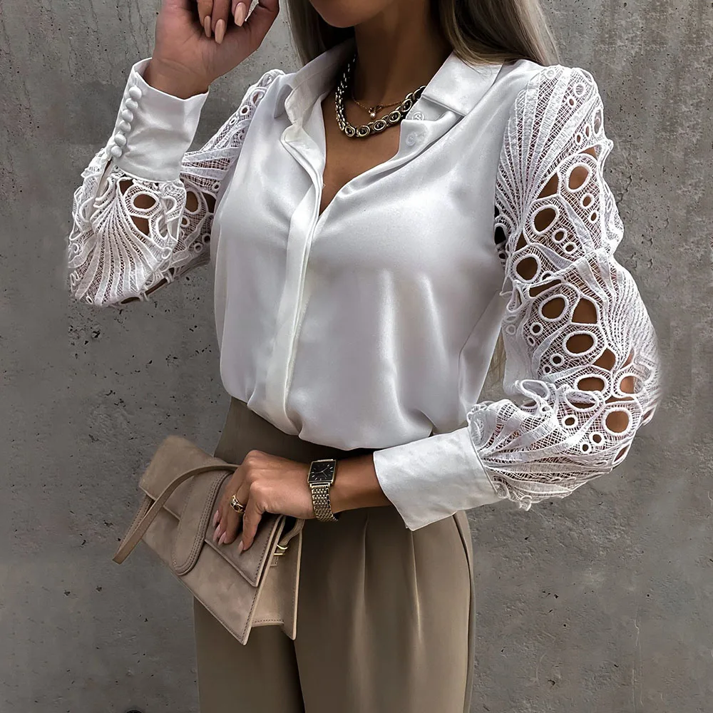 

White Lace Patchwork Shirt Top Woman Spring Summer Casual Long Sleeve Shirts For Women 2022 Vintage Hollow Out Button Blouses