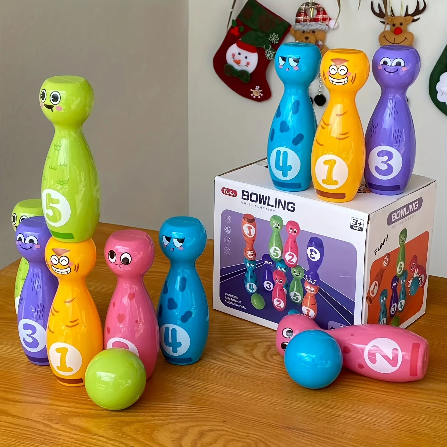 

Kids Bowling Toy Set 10 Pins 2 Balls Cartoon Fun Faces Non Fade Printing Gift Box Holiday Present