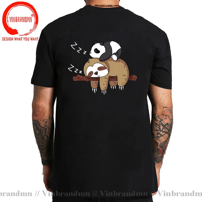 Cartoon The Panda Lazily Lies On The Back Of The Koala T Shirt for Men Cute Panda Sleeping On Sloth T-Shirt New Fashion TeeShirt