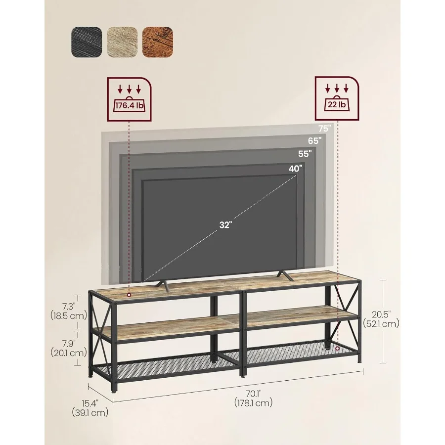 حامل تلفزيون لأجهزة التلفاز حتى 75 بوصة 70.1 بوصة وحدة تحكم تلفزيون واسعة مع أرفف تخزين إطار فولاذي تركواز بني وأسود معيشة #2