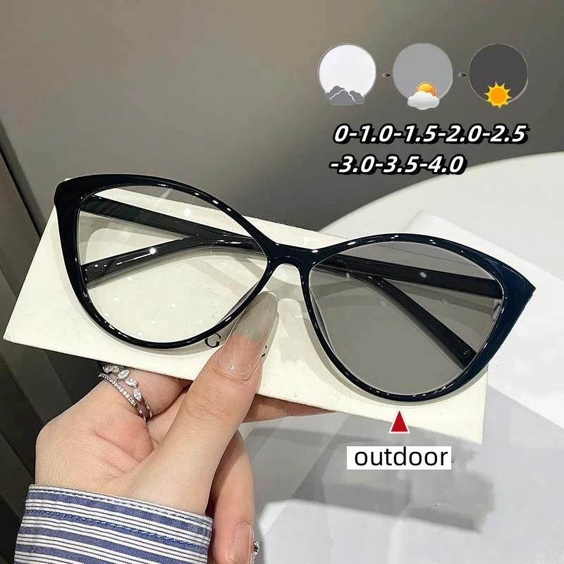 

Men Women Cat Eye Minus Photochromic Eyewear Outdoor Color Changing Sunglasses High Definition Eye Protection Near Sight Glasses