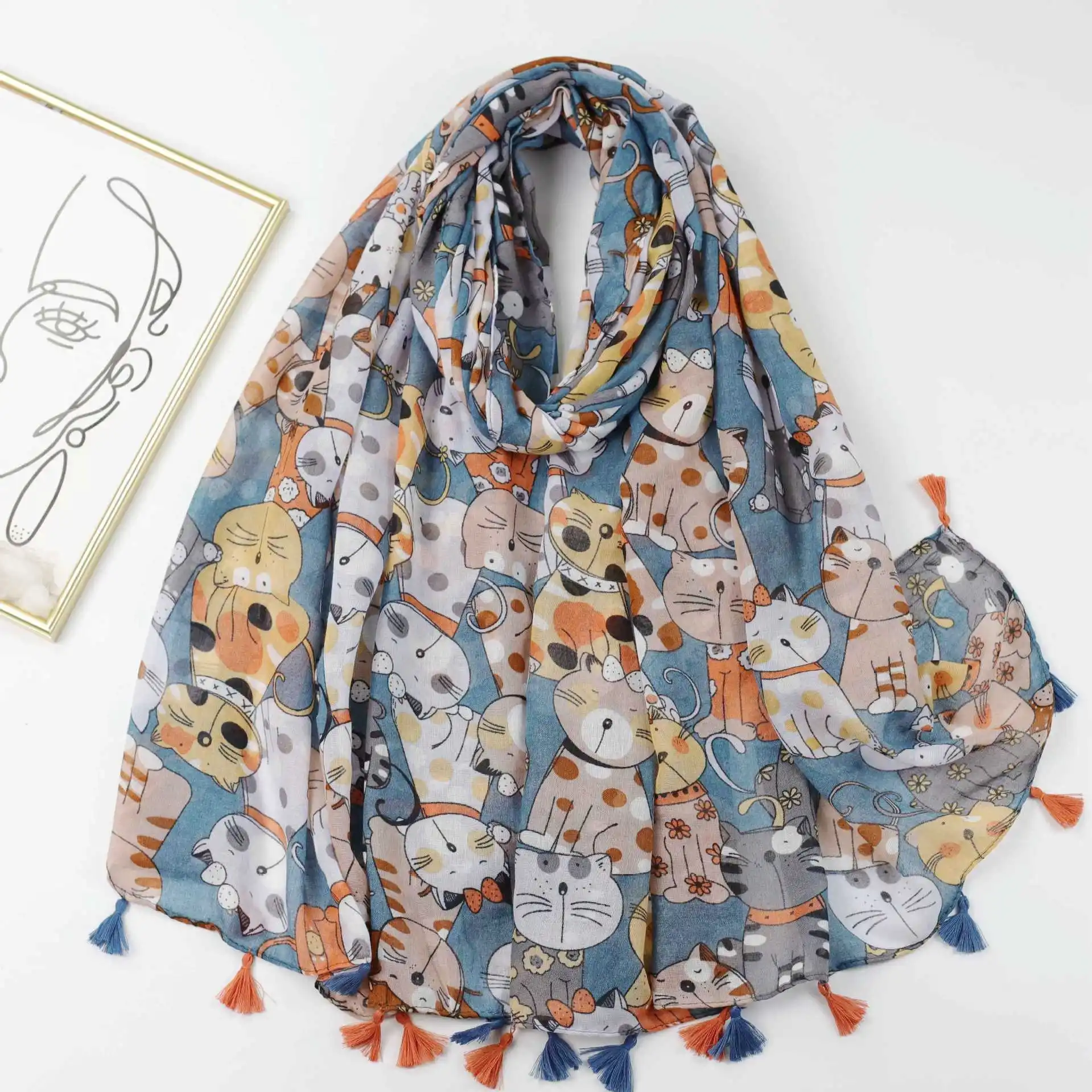 

2024 New Fashion Cute Cat Print Tassel Scarf Shawls Long Animal Scarves Hijab Wrap Free Shipping