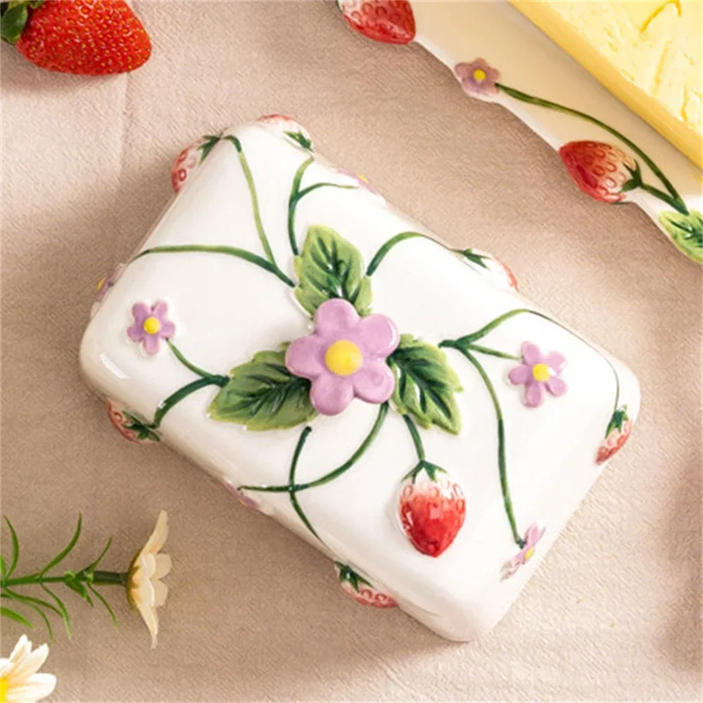 Ceramic Embossed Design Storage Tray Kitchen Supplies Cute Strawberry Butter Cup With Lid Storage Box Baking Decorative Tray