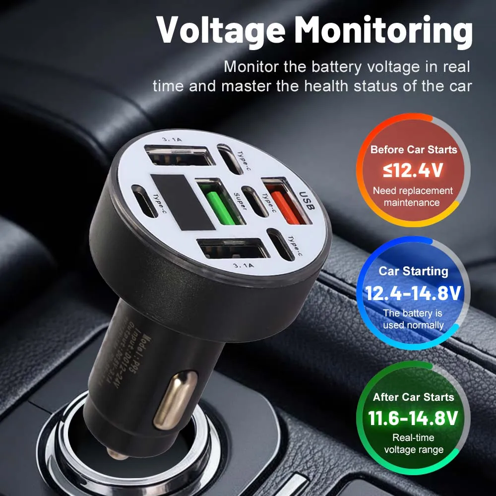 8 Ports Car Charger Fast Charging Digital Display USB Type C Car Phone Charger Adapter for iphone samsung huawei - view 2