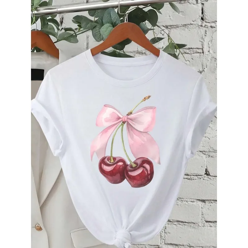 Fashion Cherry Print Women's T-shirt Short Sleeved Round Neck Casual Top Spring and Summer Clothing Women's Clothing Casual Top