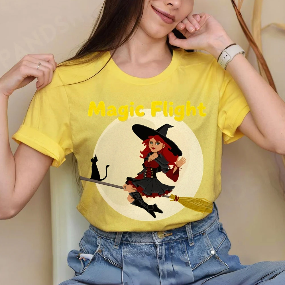 Y2K Abbigliamento da donna T-shirt casual in cotone Girocollo T-shirt grafiche Street Wear Cartoon Strega Luna Scopa Gatto nero Magia