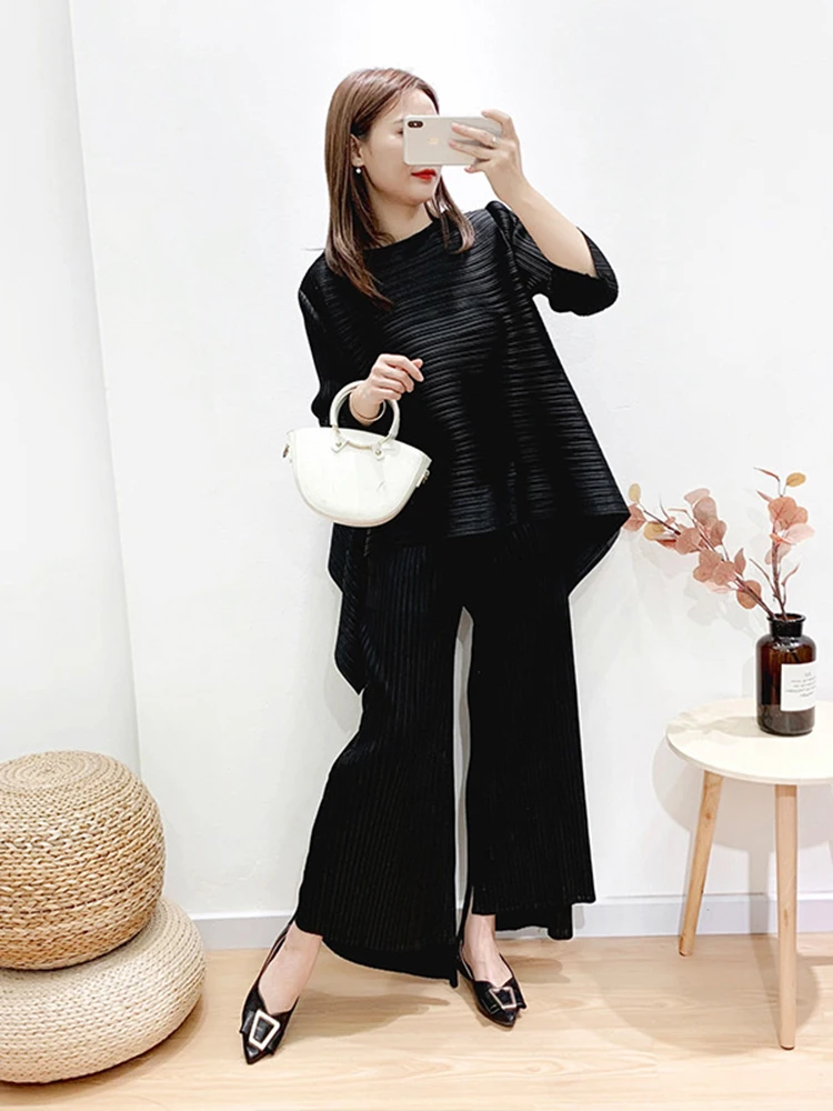 LANMREM Pleated Suit Set Women\'s 2024 Spring Summer New Irregular Loose Top With Wide Leg Pants Fashion Two Piece Sets 2D3625