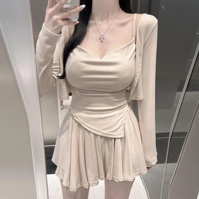 

Elegant Women's Sexy Open Split Strap Cardigan Skirt Three-Piece Set Gentle Fashionable Long Sleeve High Quality Material