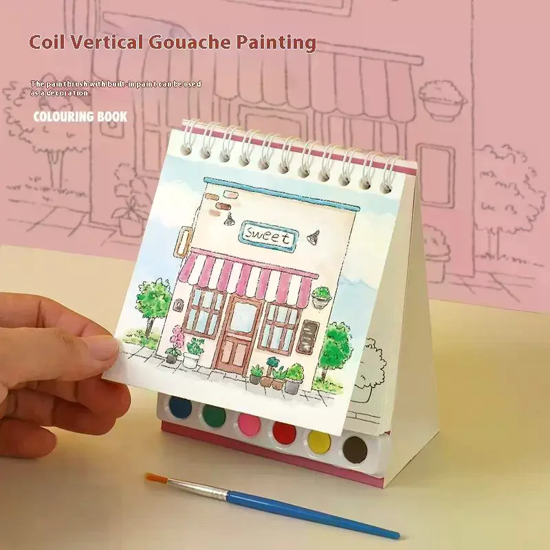 1 Set Desktop Ornament Coil Vertical Watercolor Painting DIY Watercolor Graffiti Book With Built-in Paint Coloring Picture Book