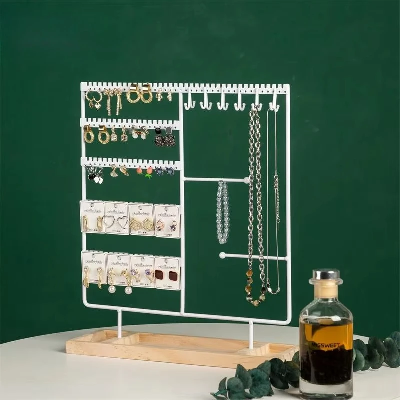 Large Capacity Metal Earring Bracelet Display Stand Detachable Wooden Base Earring Necklace Storage Hanger Jewelry Rack