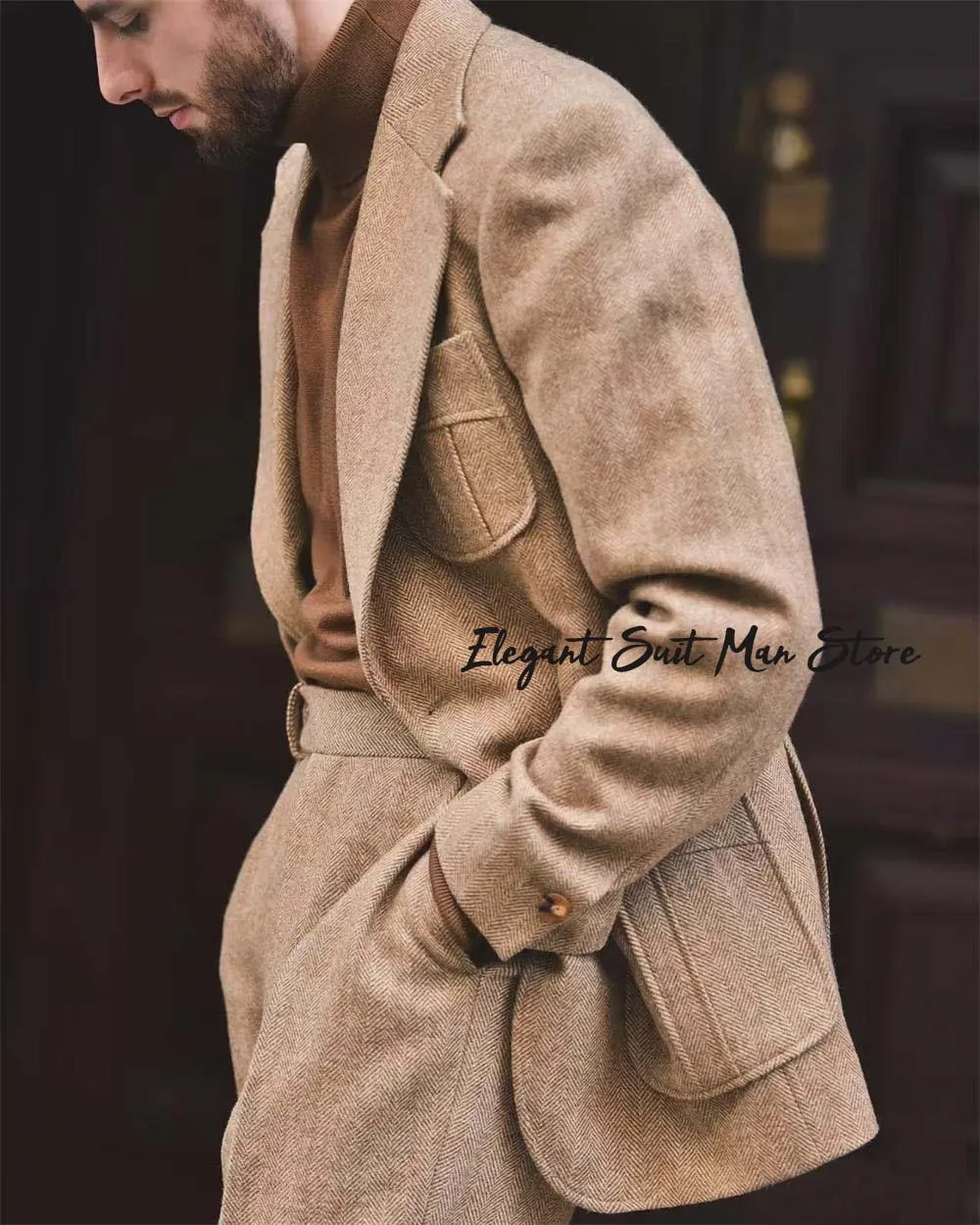 

Herringbone pattern suit Jacket Pants 2pcs business workplace gentleman Suit set autumn groom suit clothing Man Coat set