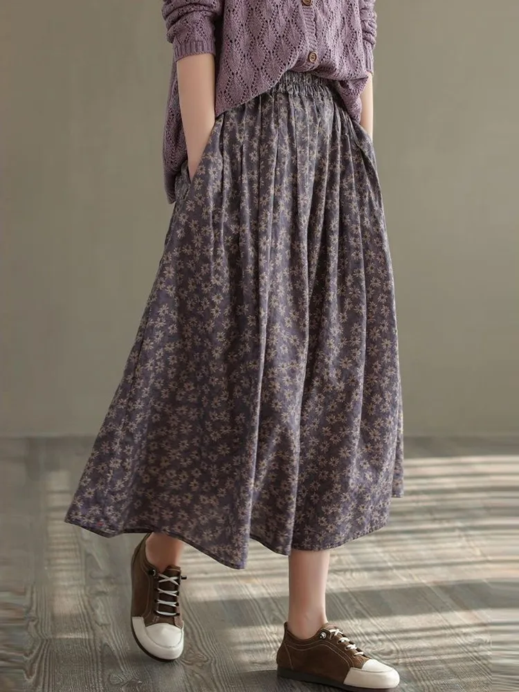 New Arrival 2025 Autumn Vintage Style Floral Print Loose Comfortable Ladies Elegant A-line Long Skirt D536 Women Casual Skirts