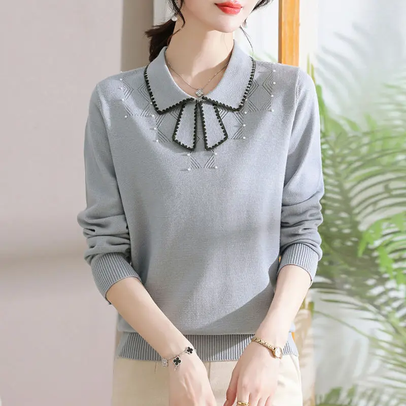 Women's Autumn Winter Solid Doll Neck Pullover Hollow Out Bow Screw Thread Long Sleeve Sweater Knitted Casual Undershirt Tops