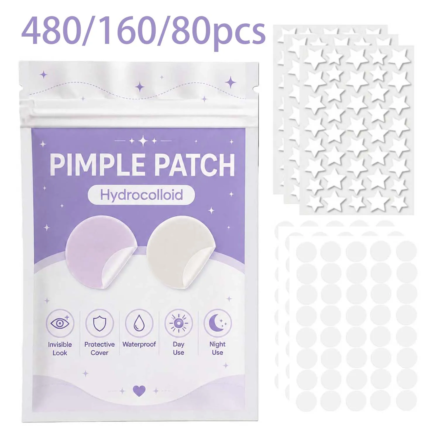 480/160/80PCS Star & Clear Round Pimple Patches, 2-in-1 Hydrocolloid Face Stickers for Playful Looks or Discreet Spot Coverage