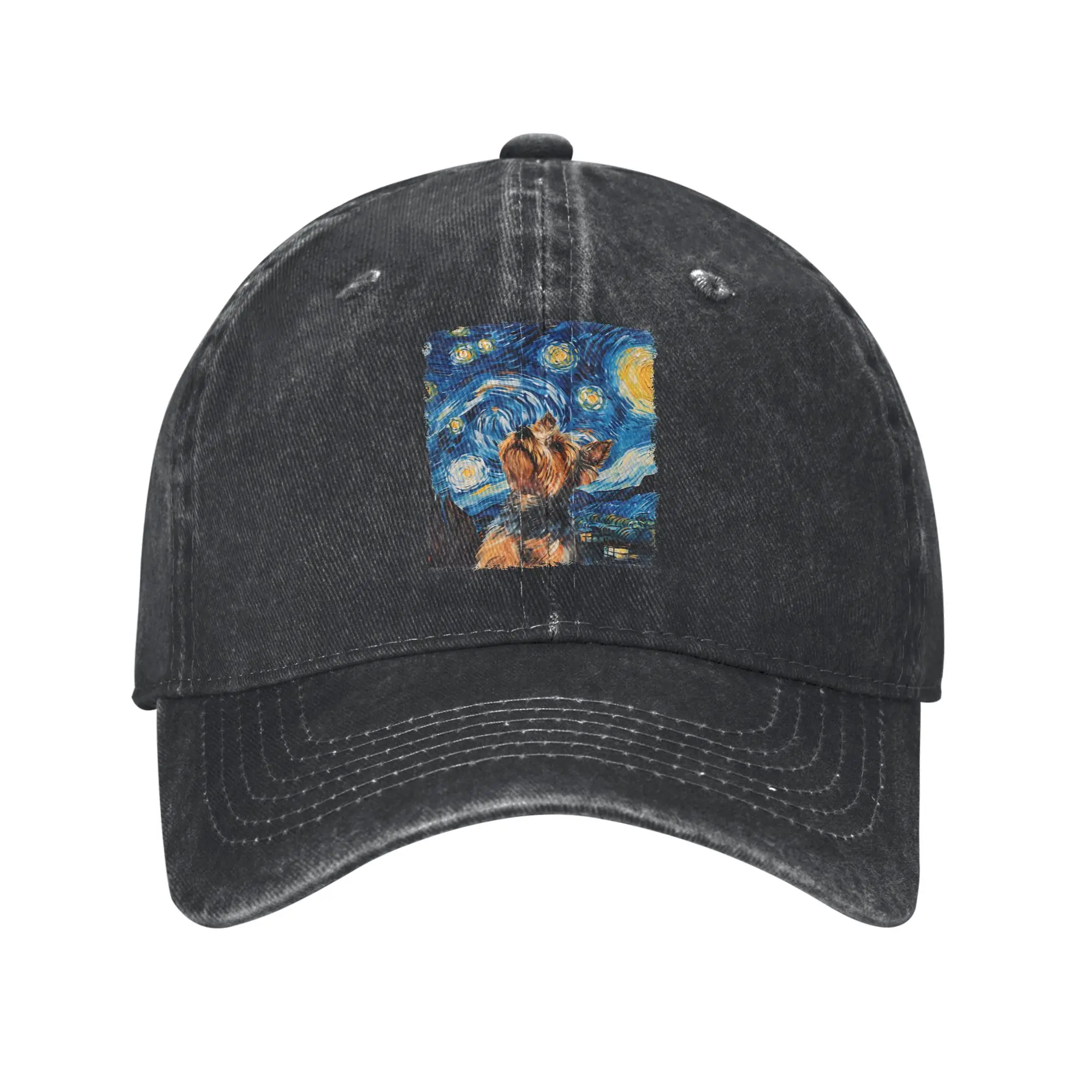 Yorkshire Terrier Dog Unisex Baseball Cap Yorkie Starry Night Painting Distressed Washed Hats Cap Outdoor Golf Gift Snapback Cap