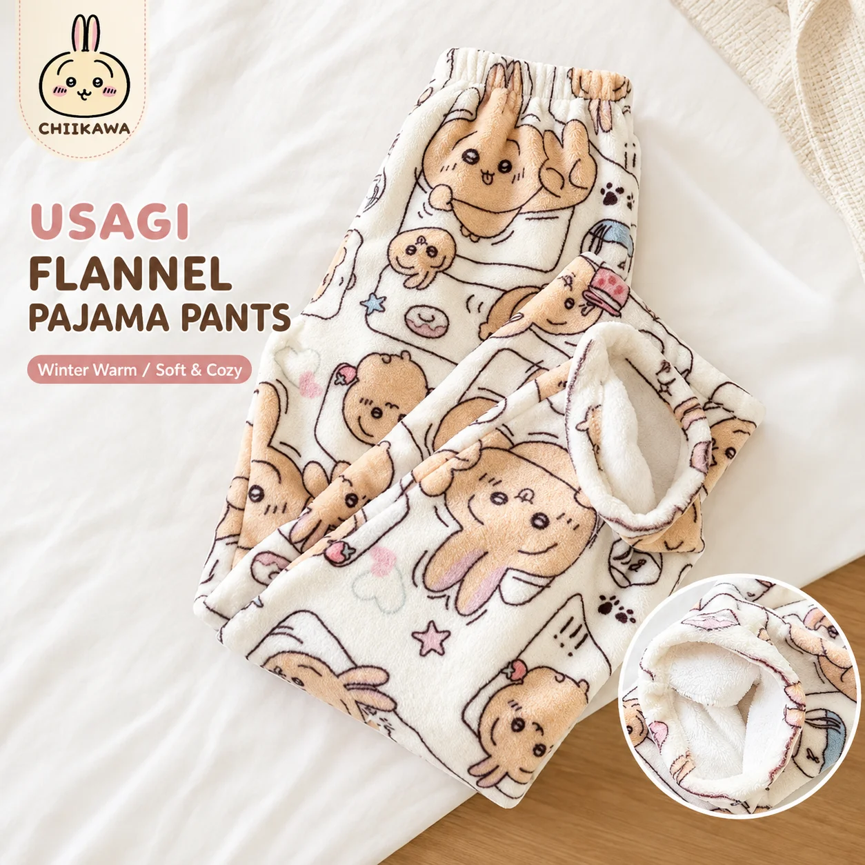 Ins Trendy New Chiikawa Flannel Autumn Winter Warm Home Sleep Pants Casual Walk Pants Kawaii Halloween Party Costume Girl Gift