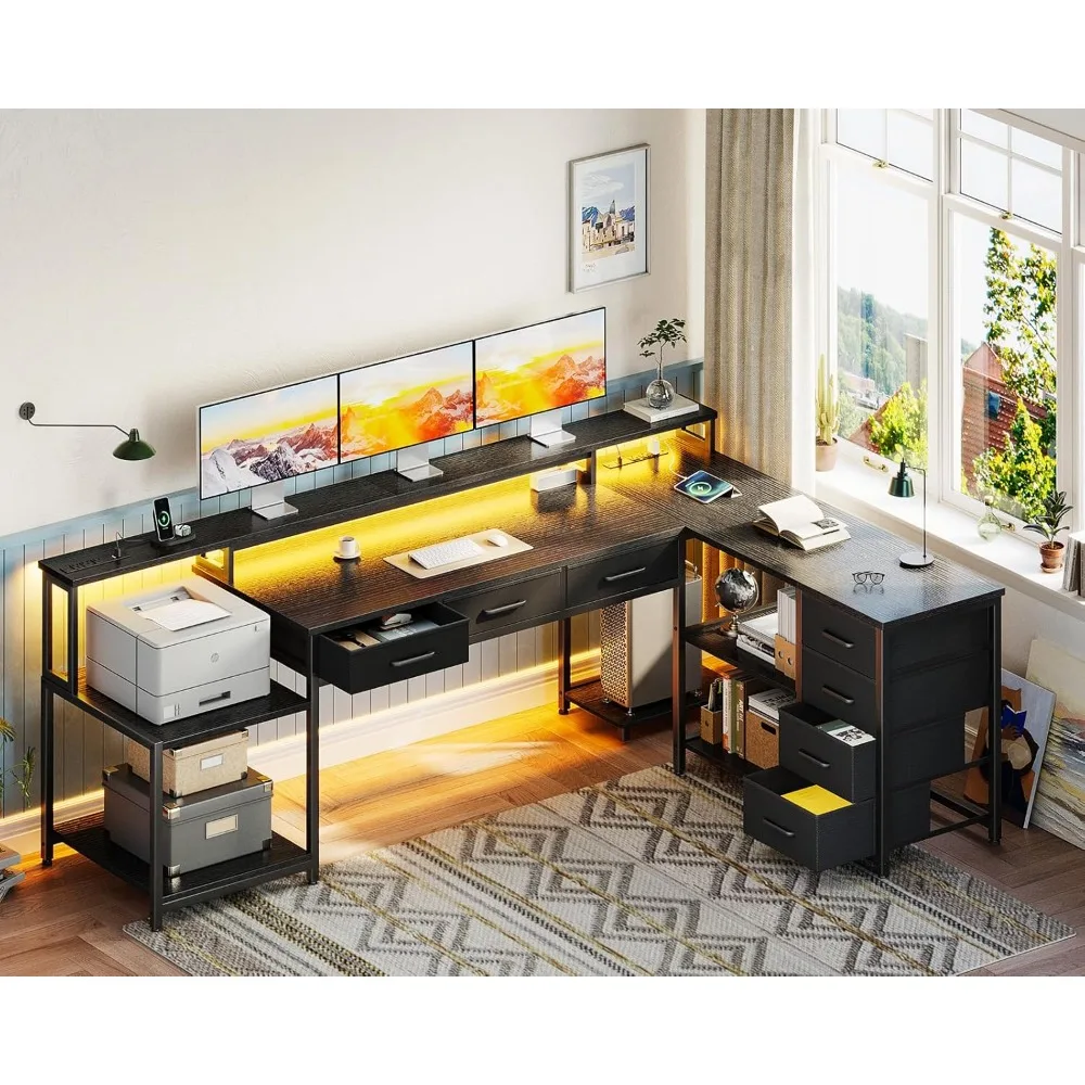 79" L Shaped Desk with 7 File Drawers, 2 Power Outlets & Monitor Shelf, Storage Shelves, LED Light, Black, Computer Desk