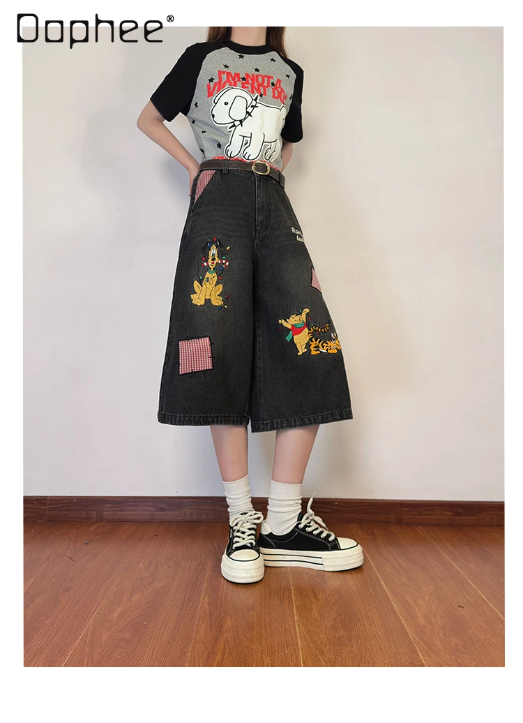 

Американские ретро забавные джинсовые укороченные брюки с вышивкой, женские летние свободные прямые широкие брюки, шорты с героями мультфильмов, новинка 2023 г.
