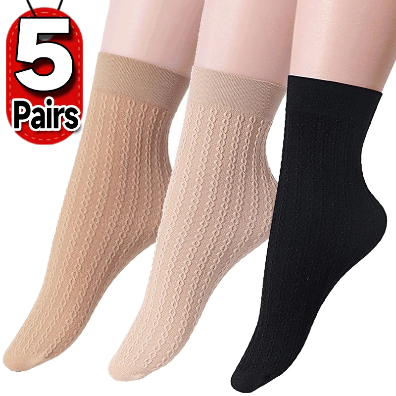 

1/5Pairs Thickened Crystal Silk Socks Nylon Breathable Cable Knit Socks Non Slip Stockings Women High Elastic Short Ankle Socks