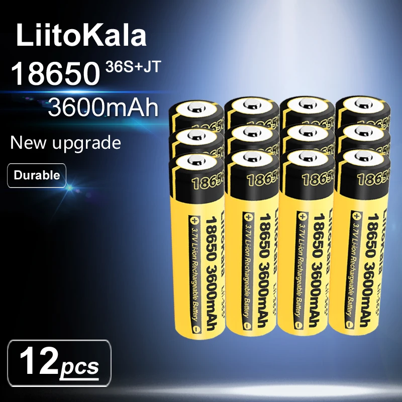 12pcs LiitoKala 36S-JT 18650 3600mAh 3.7V Li-Ion Rechargeable Battery 10A Lithium Battery High Drain For Flashinglight Vaping