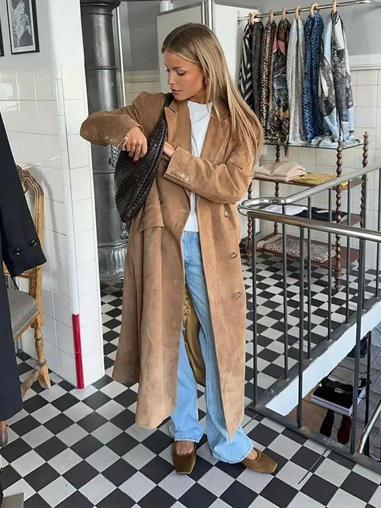 Damesmode Bruine Pluche Jas Chique Revers Lange Mouw Double-Breasted Oversize Jassen Herfst Office Lady Pendelende Bovenkleding 2024