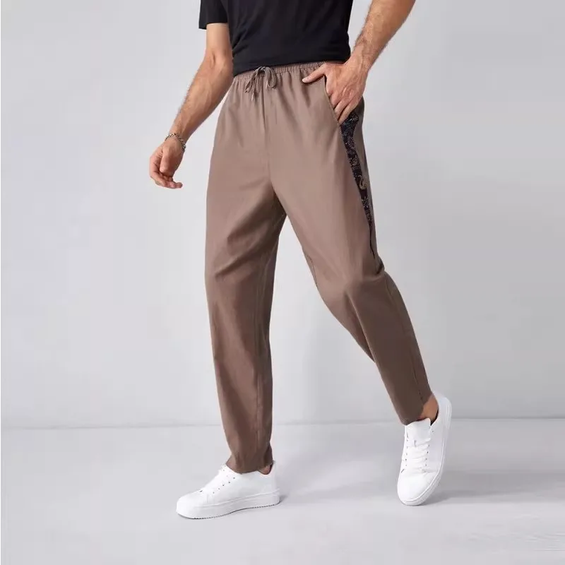 

Patchwork Khaki Trousers Cotton Linen Man Trousers Casual Streetwear Masculino Vintage Plus Size Mens Joggings Working Pants