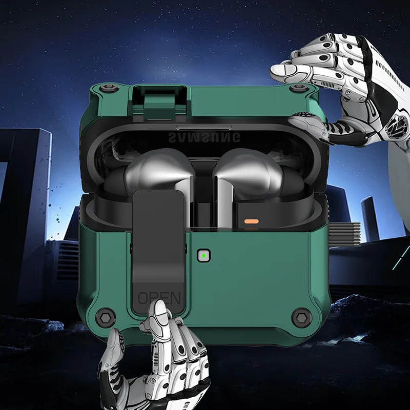 حافظة قفل آمن لهاتف سامسونج جالاكسي Buds3 غطاء صلب مقاوم للسقوط مع طقم تنظيف وسلسلة مفاتيح لملحقات Galaxy Buds 3 Pro