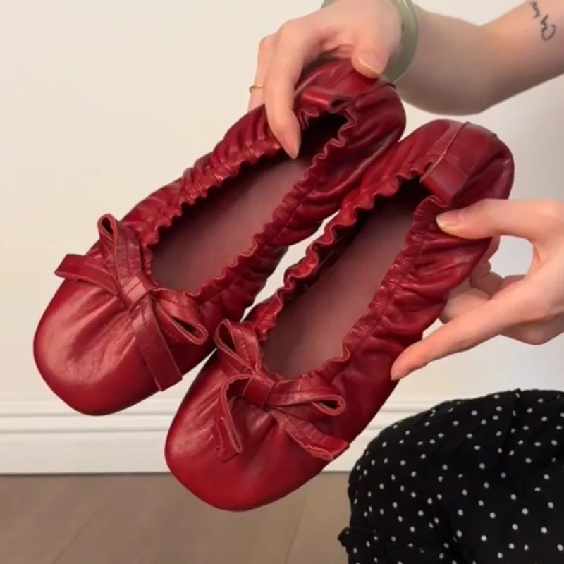 

Sweet Bow Decorative Ballet Flats for Women Fashion Round Toe Pleated Design Mary Jane Shoes Light Comfortable Moccasin Loafers