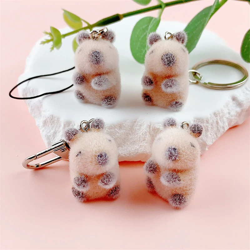 Cute 3D Capybara Flocked Keychain Pendant Cartoon Animal Plush Cell Phone Chain Camera Bag Charm Accessories Couple Gift