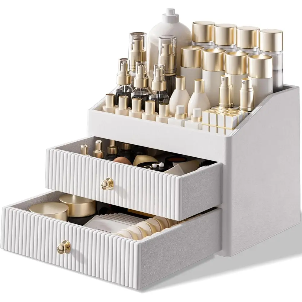 

Органайзер для косметики на столешницу, кожаный органайзер для хранения косметики с 2 ящиками, большой вместимости, бежево-белый, для столешницы, прикроватной тумбочки