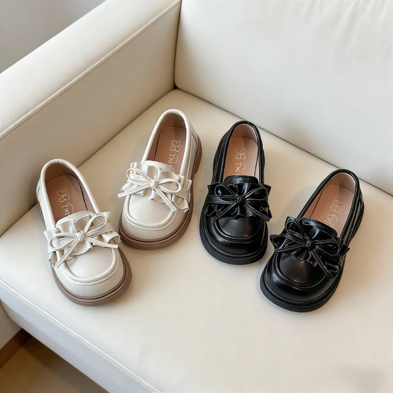 

Fashion Children's Causal Loafers Spring Autumn Bow Decor Kids Flat Shoes Pleated Girls School Leather Shoes for Wedding Party