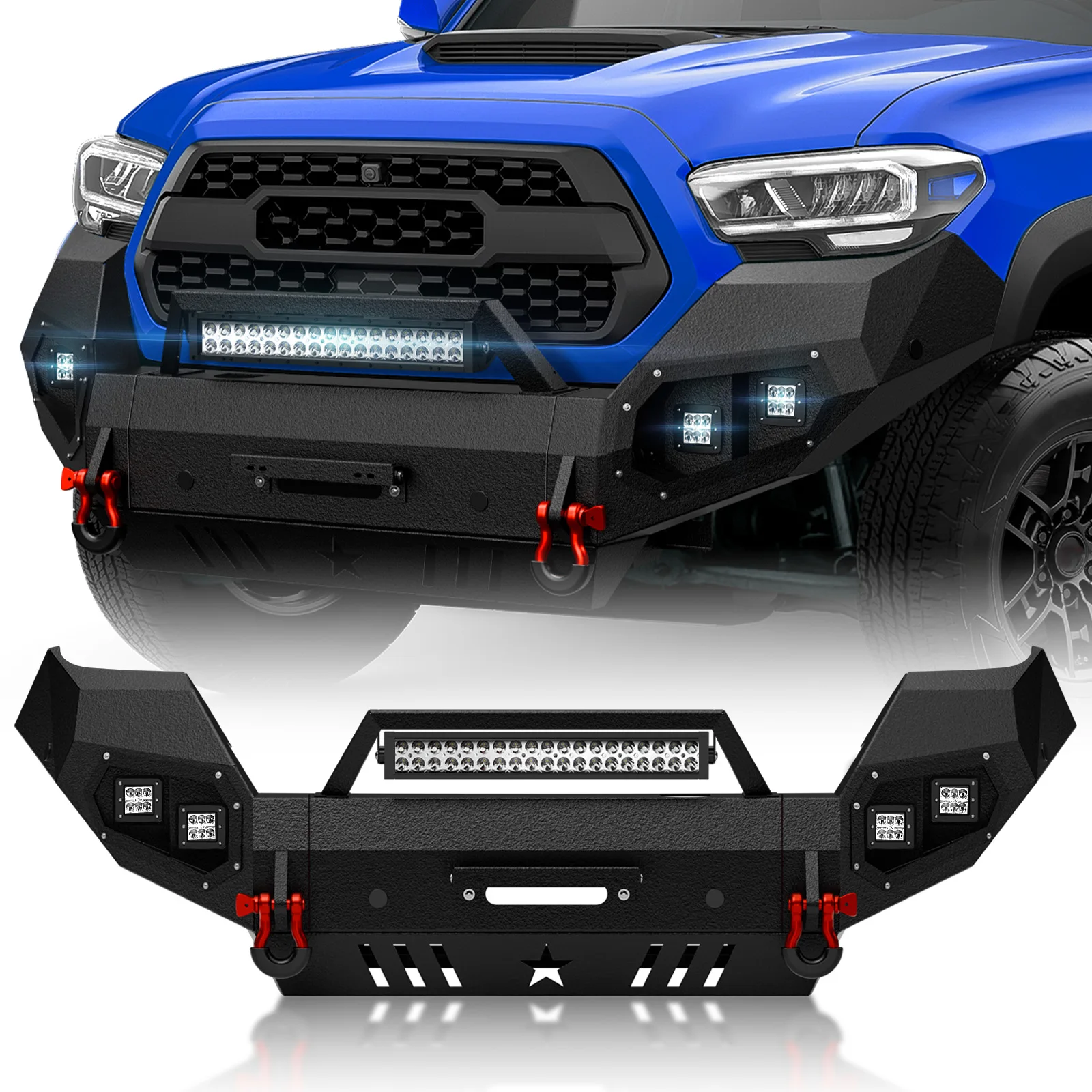 

Front Bumper with Winch Plate, Skid Plate, Sensor Holes, License Plate Bracket & D-rings for 2016-2023 Toyota Tacoma 3rd Gen