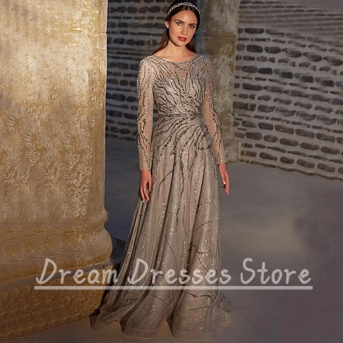 Imagen 2 del producto Exquisito vestido de noche de manga larga con cuello redondo para mujer, vestido de fiesta, línea A, largo hasta el suelo, brillante, con cinturón, vestidos personalizados de alta calidad