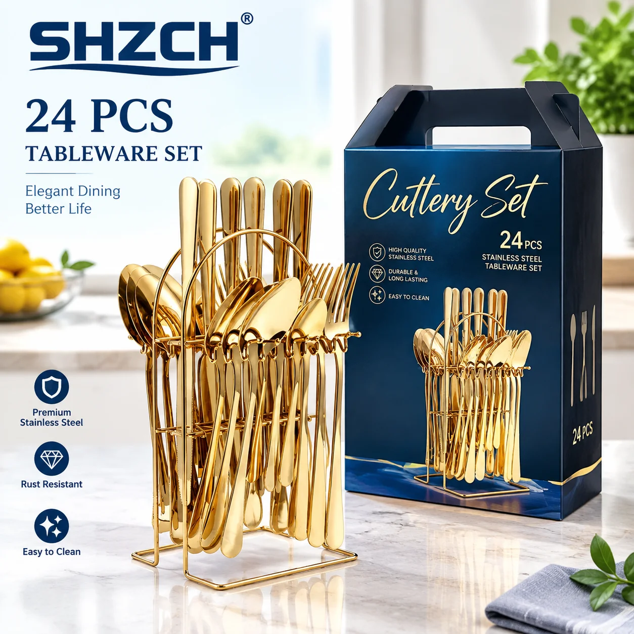 24-Piece Stainless Steel Cutlery Set | Gold Tableware with Free Storage Rack | 6-Person
