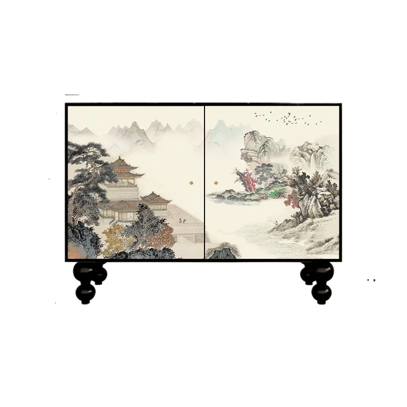 

New Chinese landscape ink wind locker household solid wood porch cabinet multi-functional integrated locker