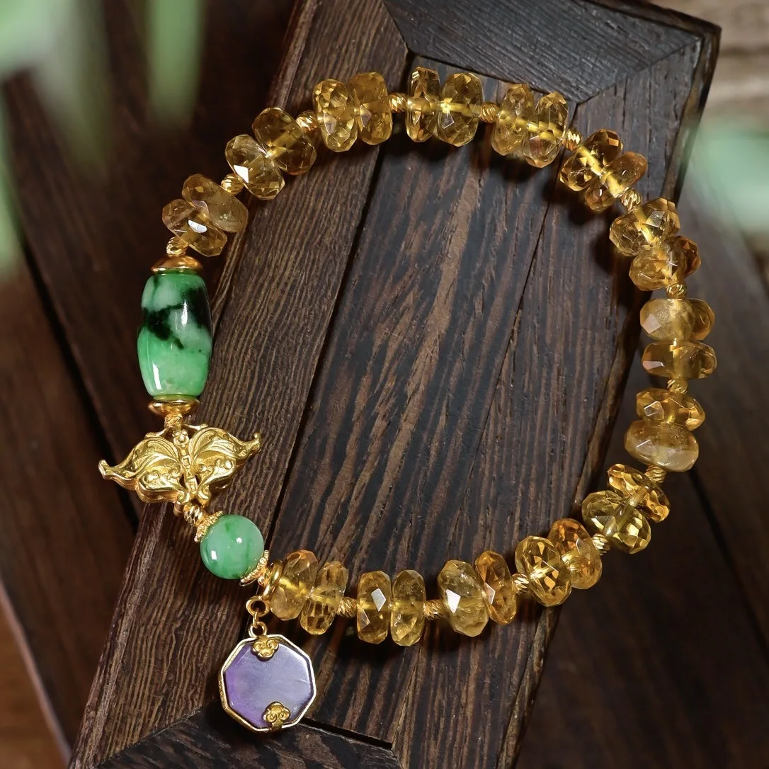 Natural Citrine Bracelet With Grade A Jadeite S925 Silver Inlaid Charoite Pendant Women Gemstone Hand Jewelry