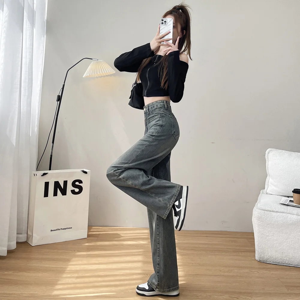 High Rise Waist Wide Legged Denim Pants For Female Autumn Winter Loose Straight Slimming Long Fleece-lined Jeans For Women