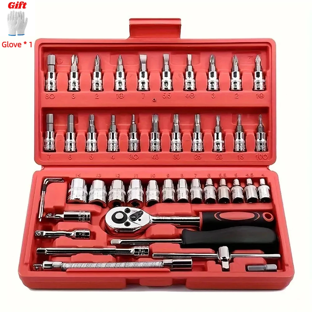 46 PCS 1/4 Inch Drive Socket Set Ratchet Wrench Set Car Tool Kit, Bit Socket Wrench Set Mechanic Tool Set