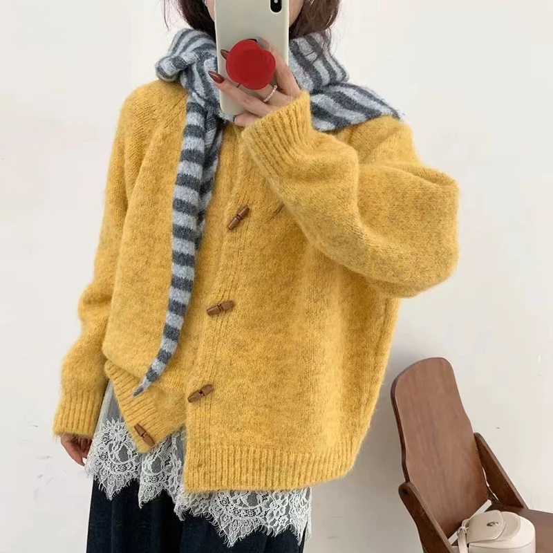 

Retro Horn Button Knitted Cardigan ffor Women Korean Autumn Winter Gentle Round Neck Soft Knitted Warm Coat Thickened Sweater