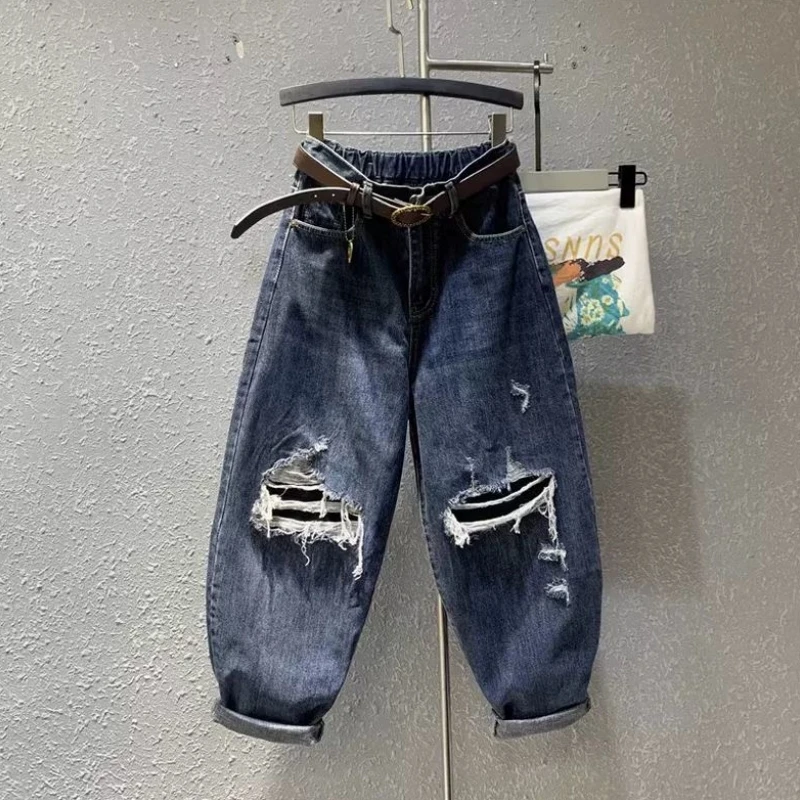 

Джинсы унисекс больших размеров в американском ретро-стиле с дырками, летние, облегающие, фасона «морковки», износостойкие, со средней посадкой, из денима