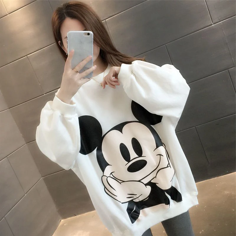 Cartoon Anime Mickey Print Loose Sweatshirt Autumn Winter Cartoon Velvet Pullover Top Plus Size Hoodie Korea Popular KnittedTopS