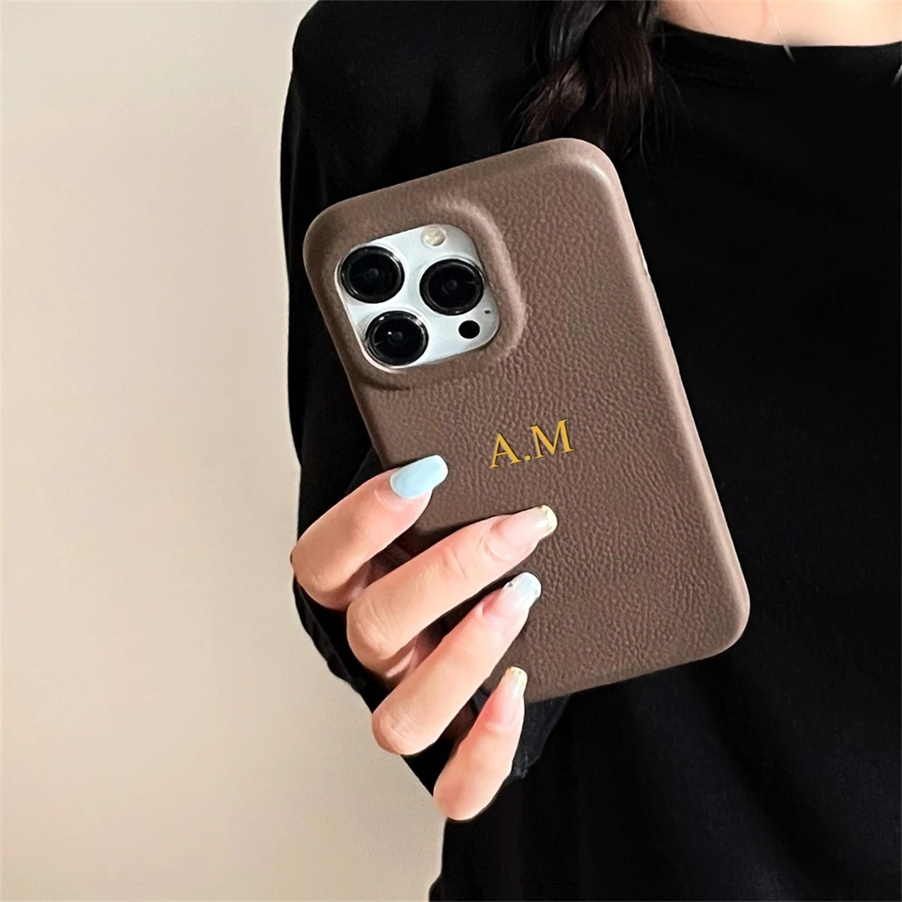 Para iPhone 16 personalizar nombre personalizado funda de teléfono de cuero para iPhone 16 15 14 13 12 Pro Max cubierta protectora trasera personalizada de lujo