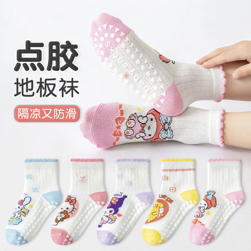 5 Pairs Of Cute Cartoon Sanrio Hello Kitty Kuromi Children Floor Socks Spring And Summer Non Slip Indoor Cooler Girls Socks Gift