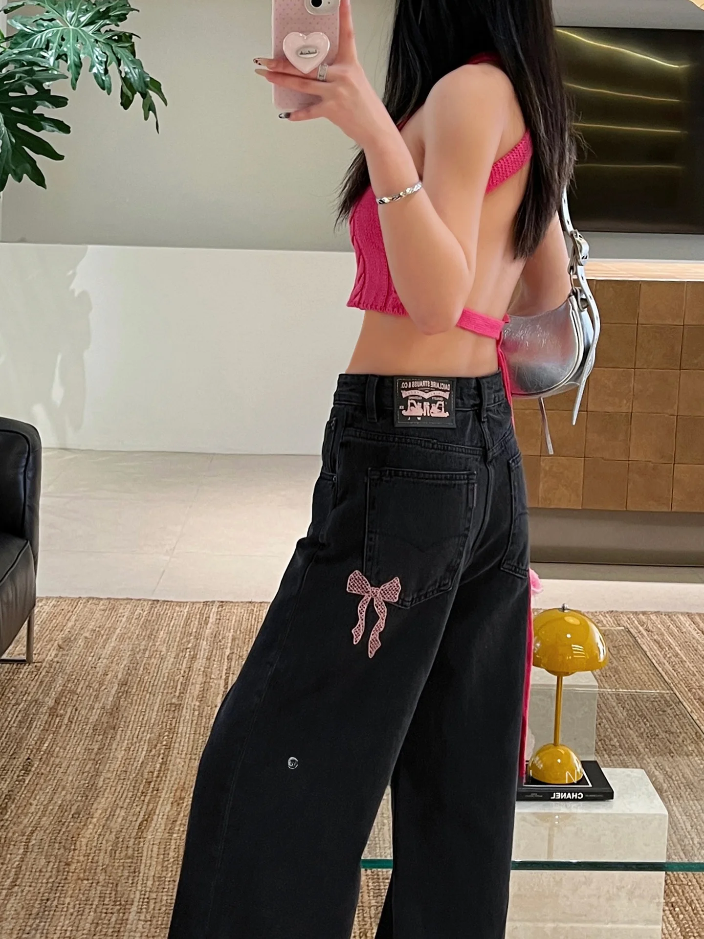 

Женские джинсы с высокой талией и широкими штанинами, прямые, черно-серые, в пол, с вышивкой и узлами, в повседневном стиле, весна 2026