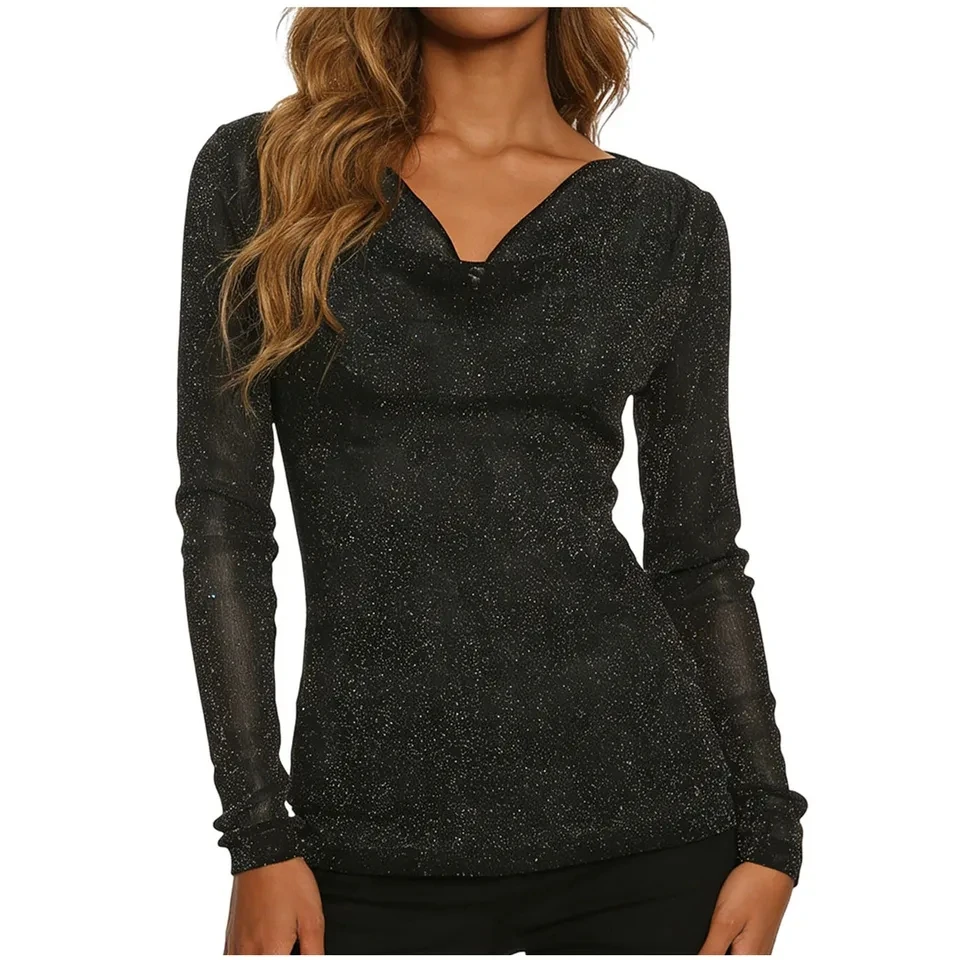 

Fashion Shiny Women T-Shirts Elegant Party Clubwear V Neck Long Sleeved Tunic Tops Festive Sparkly Glitter Tee Shirt
