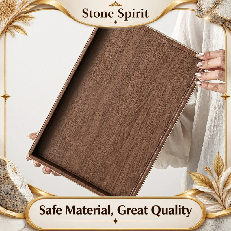 Wood Grain Leather Tray, Vanity Organizer for Bathroom Aromatherapy, Living Room Coffee Table Tea Serving Dish, Home Decor Gift