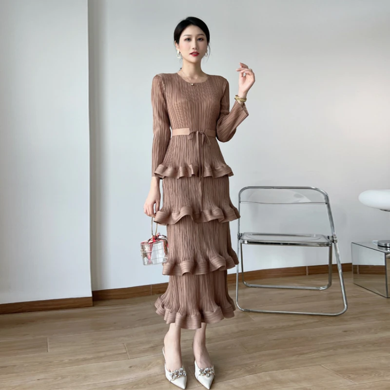 Miyake Pleated High-grade Dress Temperament Women\'s Clothing 2024 Spring New Niche Design Aging X Casual Party Cake Vestidos