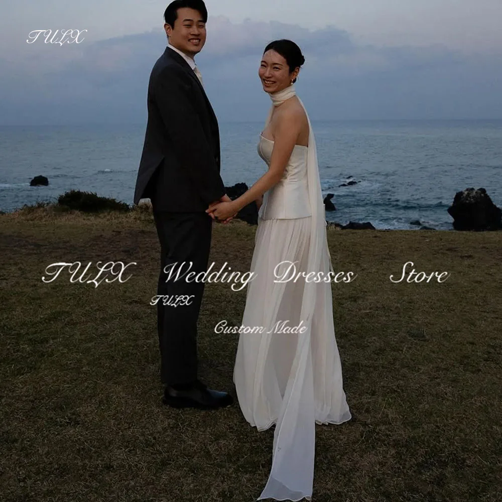 

TULX A line Satin Chiffon Corset Wedding Dress Korea Photo Shoot Elegant Strapless Bridal Gowns Floor Length 웨딩드레스 Customized