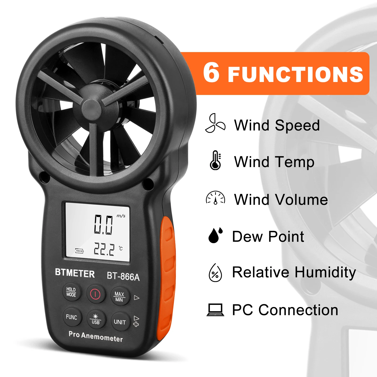 

BT-866A Handheld HVAC Pro Anemometer for CFM Air Flow, Wind Speed Meter Gauge Measures Wind Velocity Temp%RH Dew Point with USB