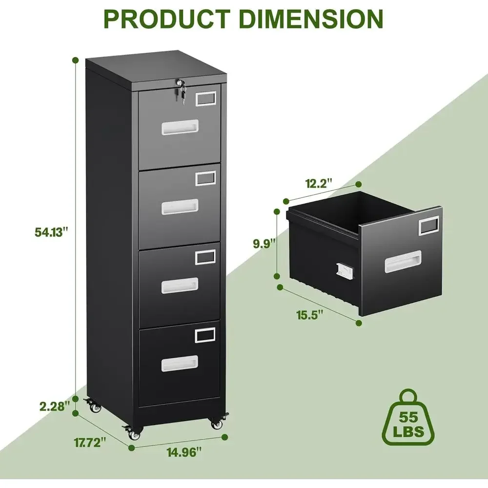 4-Shelf Metal Filing Cabinet with Lock, Wheels, and Anti-Interlock System, Suitable for Home Office, Black, Letter/Legal Size, R